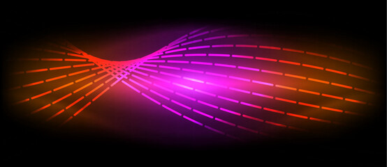 Poster - A vibrant wave of purple, violet, pink, and magenta hues illuminated by electric blue and neon accents creates a colorful visual effect on a black background, reminiscent of glowing water