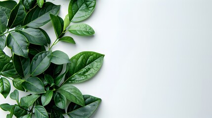 Wall Mural - A minimalistic flat lay of green leaves on a white background, creating an elegant and natural frame for text or images. with copy space