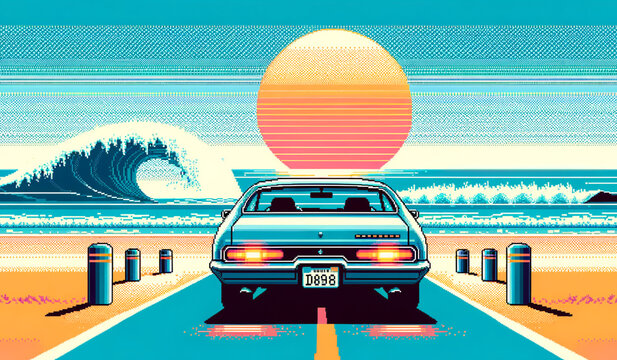 retro vintage car driving in road side near beach with sunset view pixel art background illustration