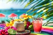 Chinco de mayo Mexican colorful fiesta party food and beverages kept on a clean wooden backdrop with palm leaves with space for text, Generative AI.