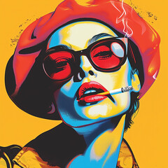 Wall Mural - Brightly colored pop art illustration of a French woman wearing sunglasses and a beret smoking a cigarette.