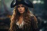 Mysterious pirate woman with curly hair and intense gaze