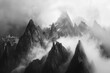 A majestic mountain range shrouded in mist, with rugged peaks piercing the clouds.