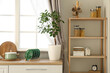 © Pixel-Shot - Interior of stylish kitchen with white counters, window, houseplant and shelving unit