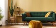 Modern living room interior with stylish comfortable green velvet sofa, warm yellow painted wall, dry plants home decoration , template copy space