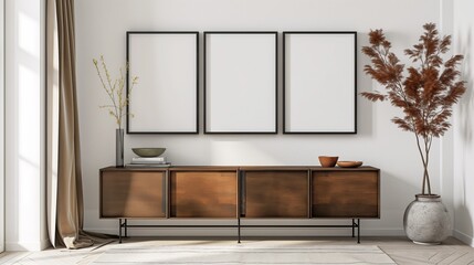 Wall Mural - Three empty mockup frames on white wall with brown wooden living room interior dresser and shelf with art decoration, mockup frames, modern luxury home interior design.