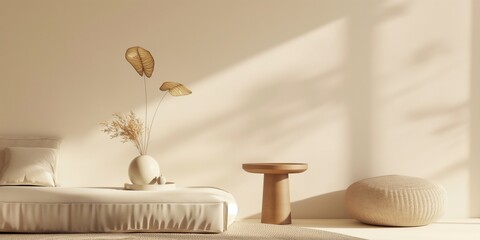 Wall Mural - Empty beige modern living room background with sunlight and shadow, Scandinavian style living room interior mock up, modern living room interior background, beige sofa and pampas grass, 3d rendering