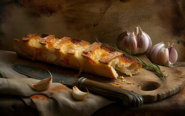 Wall Mural - Some garlic bread is placed on top of a wooden knife, in a baroque-inspired still life, with delicate markings, streaked in light amber and gold.