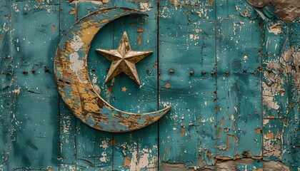 Canvas Print - old rusty door with crescent moon 