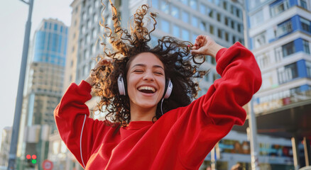 Wall Mural - Happy woman dancing and listening to music with headphones in the city, beautiful curly hair girl wearing red sweatshirt, street style