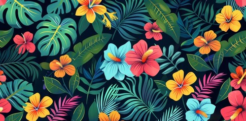 Canvas Print - Abstract seamless pattern with colorful tropical flowers and leaves