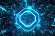 Cybersecurity shield encompassing a network of computers, 4K, neon blue outlines, scifi ambiance, aerial view
