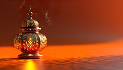 Canvas Print - Golden lantern with burning candle on orange background.