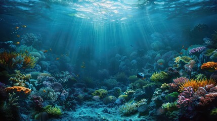 Wall Mural - Underwater view of coral reef with fish and rays of light.