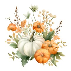 Wall Mural - Watercolor autumn floral composition with pumpkins and flowers. Hand painted illustration