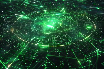 Scifi cybersecurity field around network nodes, 4K, radiant green grid lines, topdown view