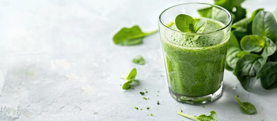 Healthy snack smoothie with detoxifying green vitamins on a white backdrop