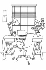 Wall Mural - One continuous line drawing of home office interior. Modern work desk and chair with laptop in simple linear style. Remote distant work concept in editable stroke