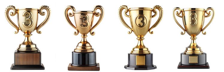 Collection of winning golden trophy cups for first prize , isolated on a transparent background. PNG, cutout, or clipping path	
