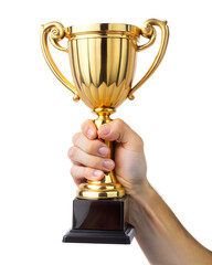 Fototapete - hand holding a golden trophy cup, victory or success concept.  on a transparent background with a clipping path