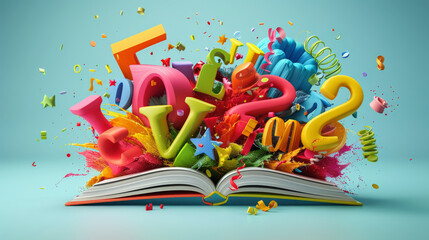 An open book with colorful 3D letters and numbers bursting out, creating a dynamic and whimsical explosion of learning and creativity on a light background.