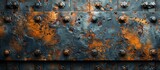 Fototapeta  - A detailed close-up of a weathered and corroded metal panel with visible rivets scattered across its surface