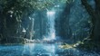 A mystical waterfall cascades down into a sparkling pool guarded by ancient oak trees and guarded by spirits of the forest. Behind . .