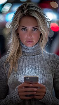 attractive beautiful European women using and texting on his smart phone mobile for service 5g digital communication and online social media city banner created by ai