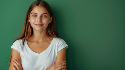 Wall Mural - portrait of a young woman with a pleasant smile and crossed arms on a green studio background with copyspace