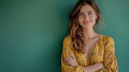 Wall Mural - portrait of a young woman with a pleasant smile and crossed arms on a green studio background with copyspace