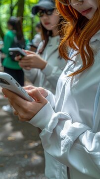 attractive beautiful European women using and texting on his smart phone mobile for service 5g digital communication and online social media city banner created by ai