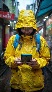 attractive beautiful European women using and texting on his smart phone mobile for service 5g digital communication and online social media city banner created by ai