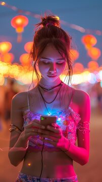 attractive beautiful European women using and texting on his smart phone mobile for service 5g digital communication and online social media city banner created by ai