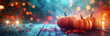Halloween pumpkins on wooden table with blurred background of colorful lights and fog, perfect for product display at Halloween party.