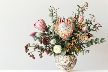 Wall Mural - Beautiful floral arrangement of flowers in a vase on white background 