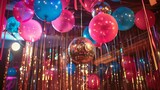 Fototapeta  - A decorated venue with streamers balloons and disco balls giving off a nostalgic feel for the adult prom theme.