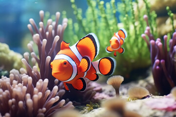 Wall Mural - Colorful clownfish swimming among the coral in a tropical underwater environment
