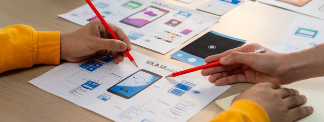 Aufkleber - panorama banner of startup company employee planning on user interface prototype for mobile applicat