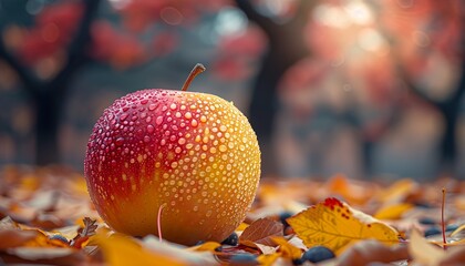 Sticker - red apple with autumn leaves