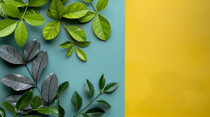 Wall Mural - green leaves on blue and yellow background
