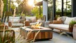 © Justlight - The fire table provides a warm and inviting ambiance to this modern outdoor living area making it the perfect spot for gatherings. 2d flat cartoon.