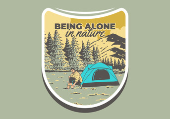 Wall Mural - camping alone in nature. vintage outdoor illustration badge design