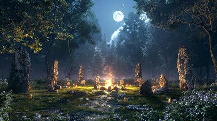 A mystical forest clearing lit by the soft glow of moonlight where a group of druids gather around a fire chanting and tossing rune . .