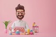 Stylized 3D illustration of a bearded man using a tablet, surrounded by colorful desk items.