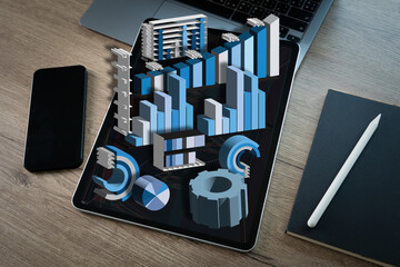 Poster - Using a computer, an analysis businessman Working at a home office while standing at a desk is the Data Marketing Management System datum analytics chart and graph dashboard.