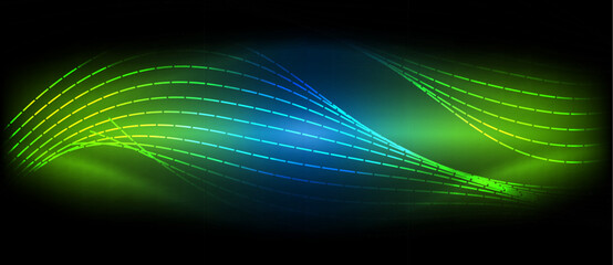 Poster - A mesmerizing display of a blue and green wave created with visual effect lighting on a black background. Perfect for adding a touch of art and entertainment to any event space
