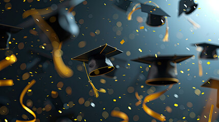 graduation hats and tassles being thrown in the air ultra realistic