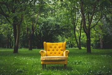 Vintage yellow chair on green grass with trees on background - generative ai