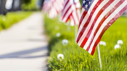 Sticker - American flags lining sidewalk on sunny day