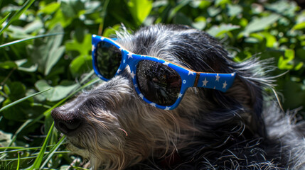 Cute dog wearing starpatterned sunglasses lying on grass